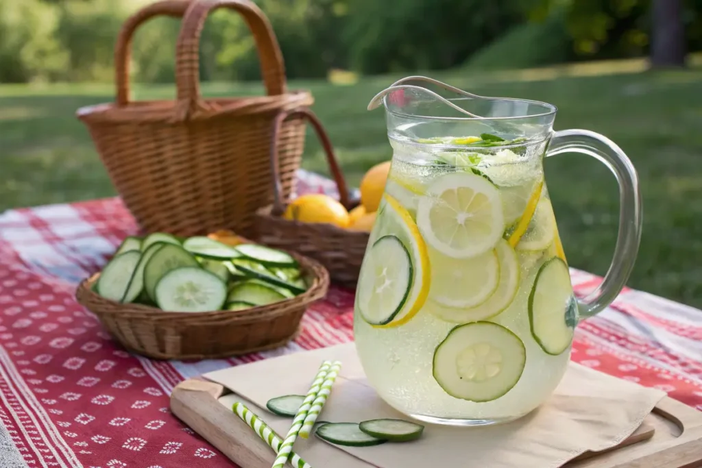 pitcher of fresh cucumber lemonade at a summer picnic