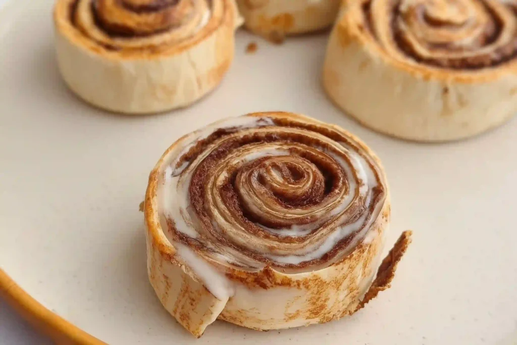 Tortilla Cinnamon Rolls on a plate with glaze