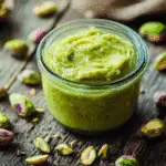 Pistachios blending into butter in food processor