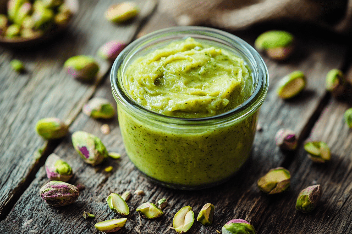 Pistachios blending into butter in food processor