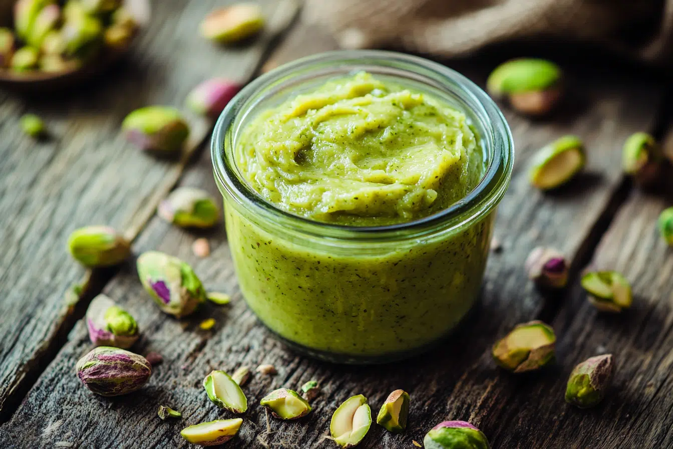 Pistachios blending into butter in food processor
