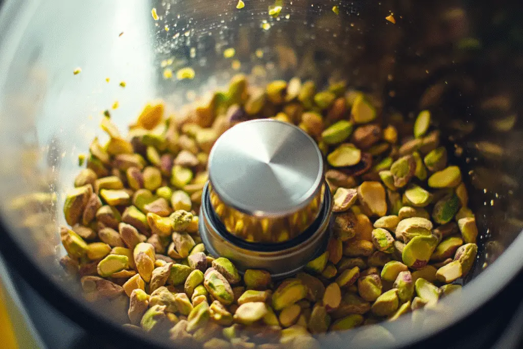 Pistachios blending into butter in food processor