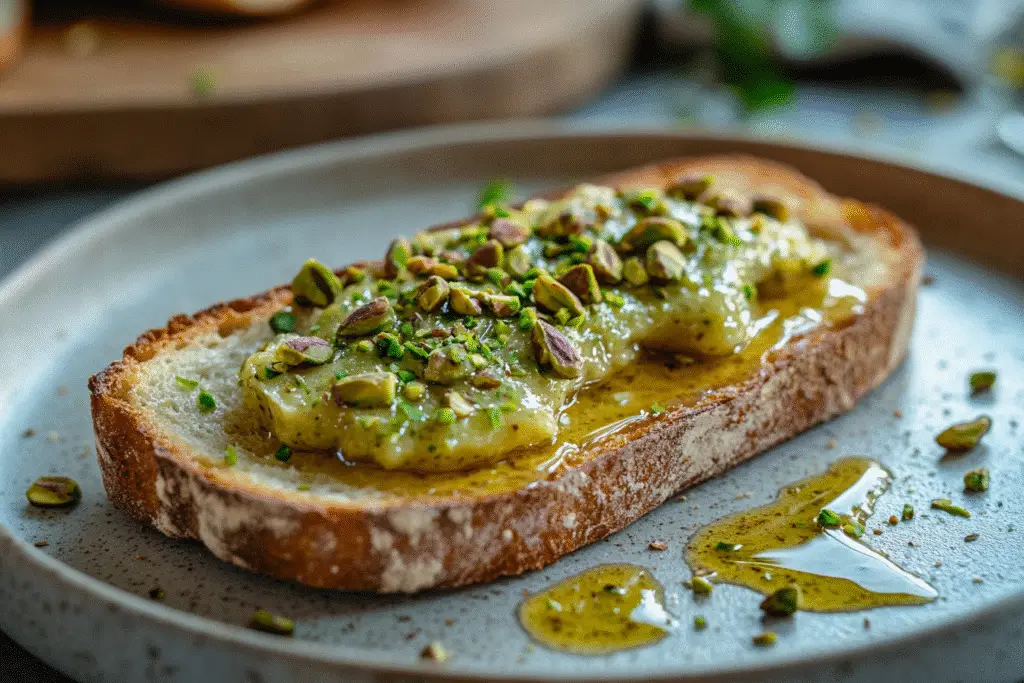 Toast with pistachio butter and pistachio crumbles