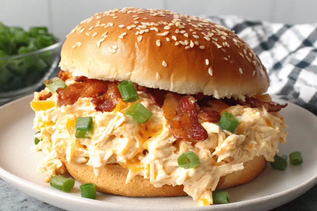 Creamy crockpot crack chicken topped with bacon and green onions in a bowl