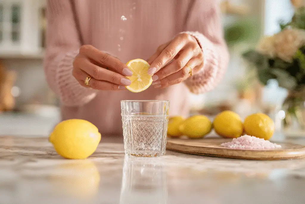 Woman squeezing lemon into a glass with pink salt and lemons on the counter.