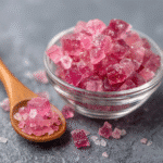 Coarse pink Himalayan salt in a bowl with a wooden spoon.