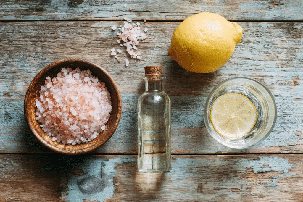 Flat lay of pink salt, lemon, water with lemon slice, and a small glass bottle on rustic wood.