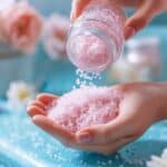Pink bath salt being poured from a glass jar into a woman's hand with soft floral decor.