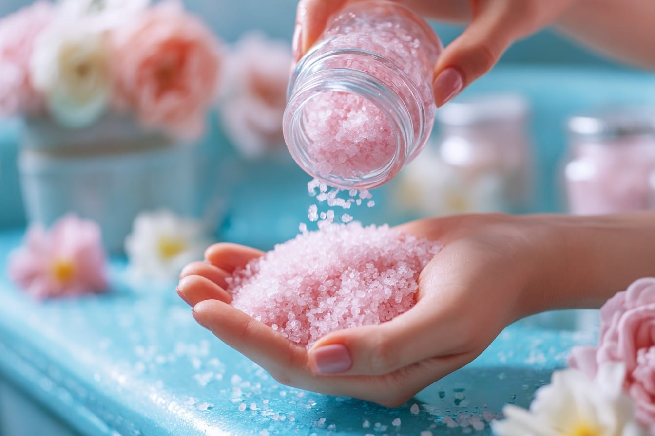 Pink bath salt being poured from a glass jar into a woman's hand with soft floral decor.