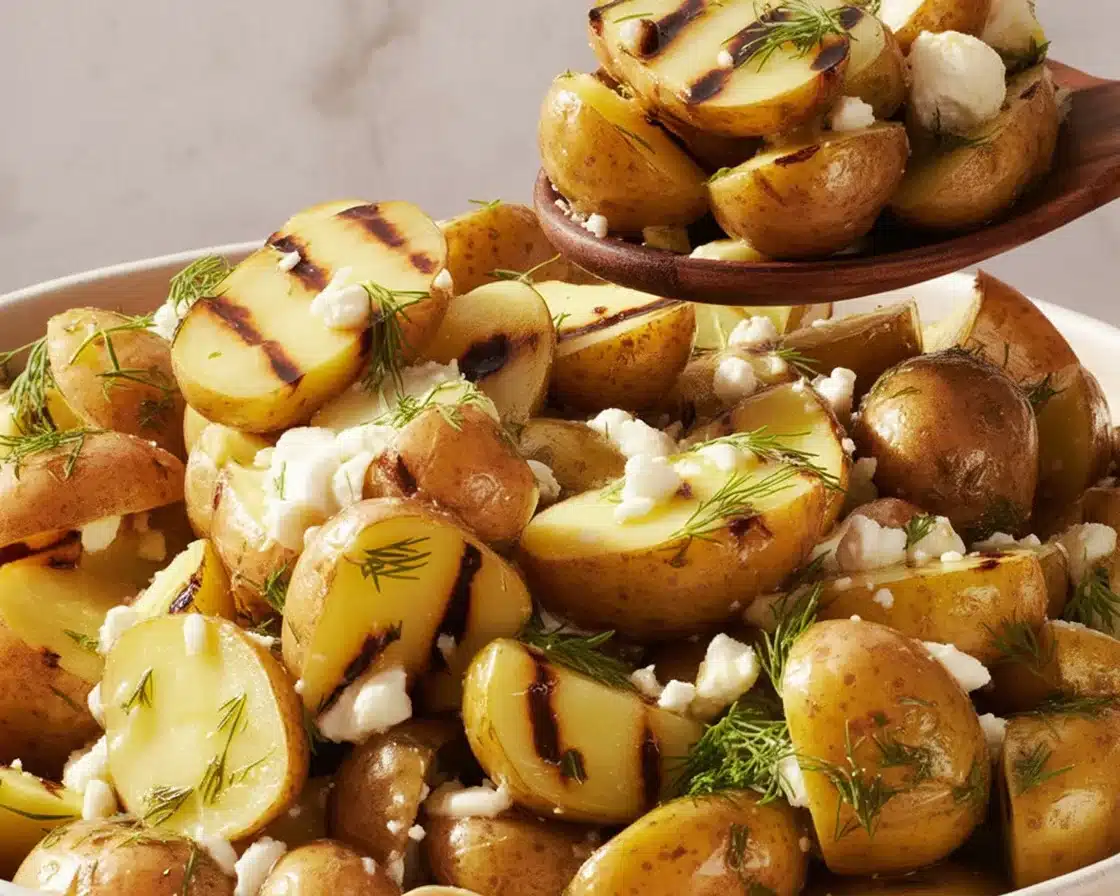 Grilled Greek Lemon Potato Salad with creamy feta and lemon dressing