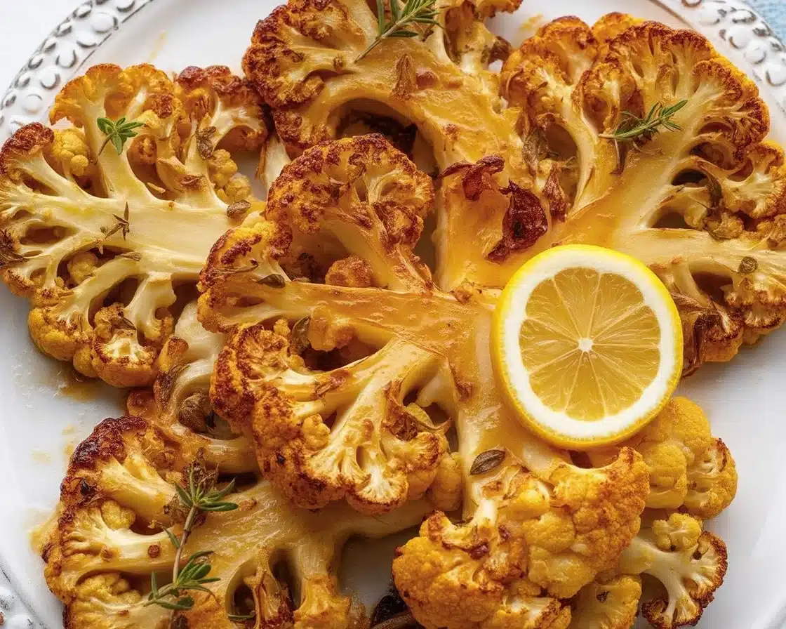Delicious grilled cauliflower steaks seasoned with spices and lemon, served on a plate.
