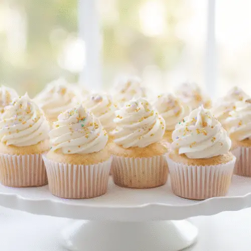 a bright kitchen with a tray of freshly baked vanilla cupcakes