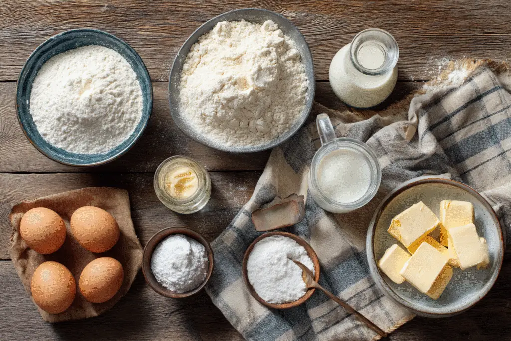 Overhead view of measured vanilla cupcake ingredients including flour, eggs, butter, buttermilk, vanilla extract, and baking powder, neatly arranged on a wooden surface.