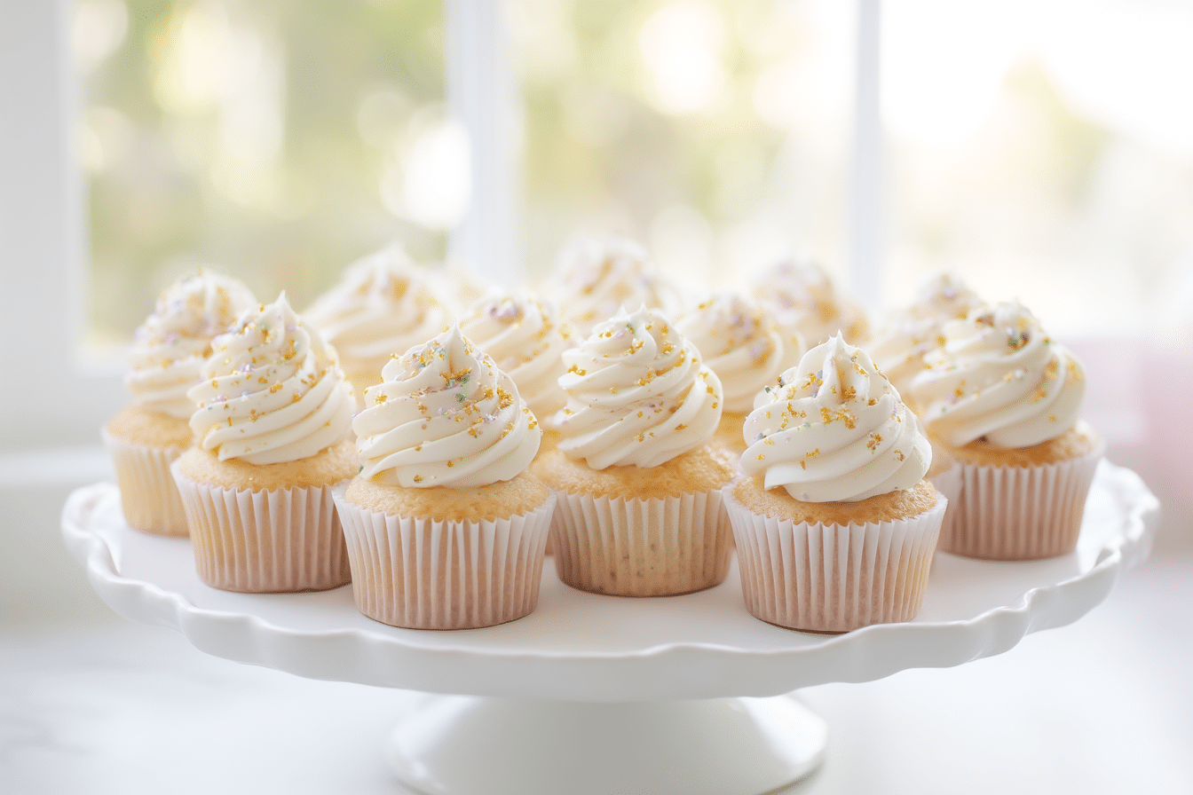 a bright kitchen with a tray of freshly baked vanilla cupcakes