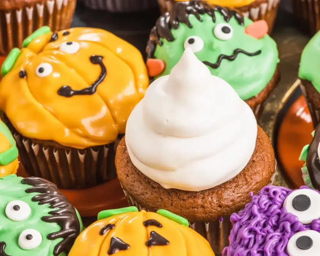 A vibrant spread of vegan Halloween desserts including spooky cupcakes and pumpkin treats.