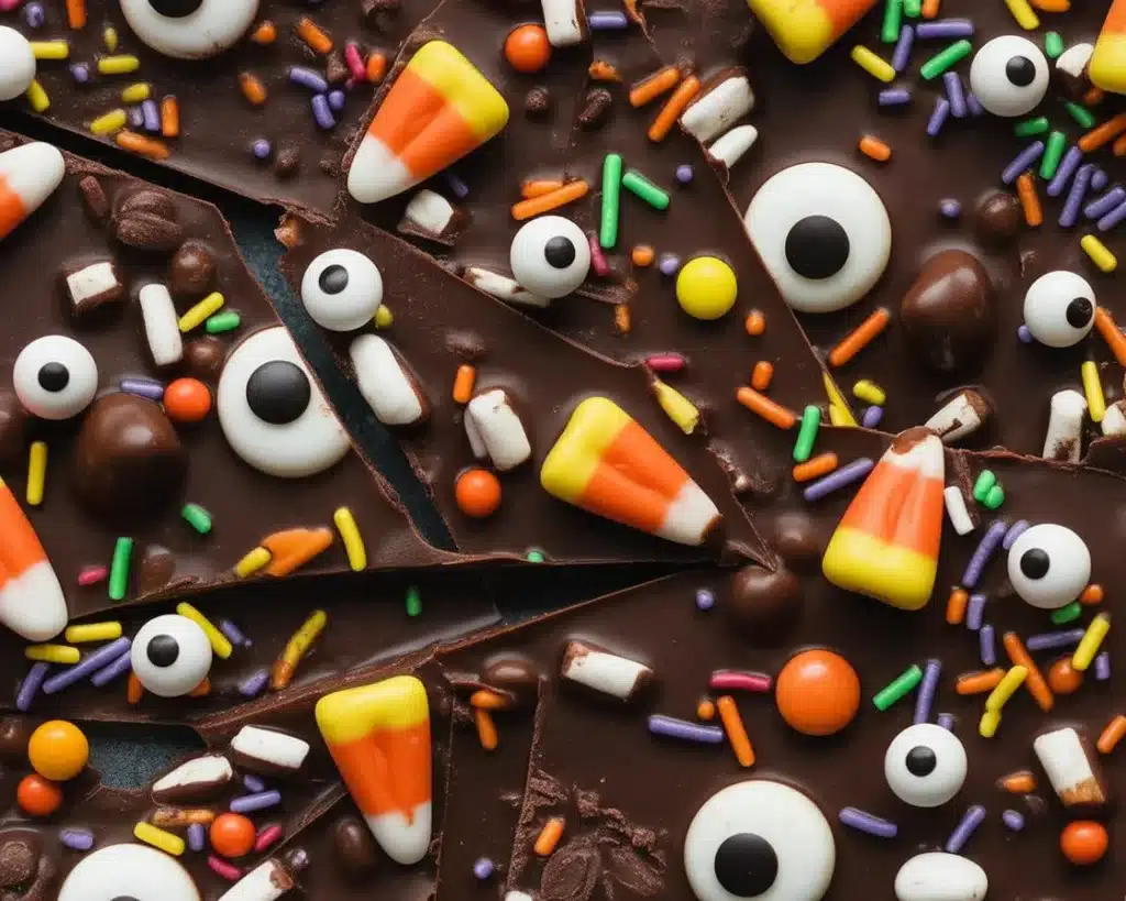 Delicious chocolate bark Halloween candy with colorful toppings and spooky decorations.