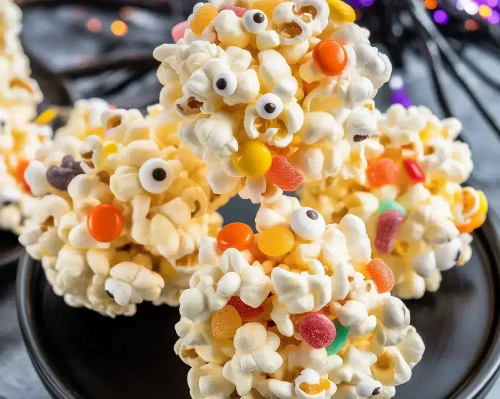 Festive Halloween popcorn balls, a sweet and salty candy treat for spooky celebrations.
