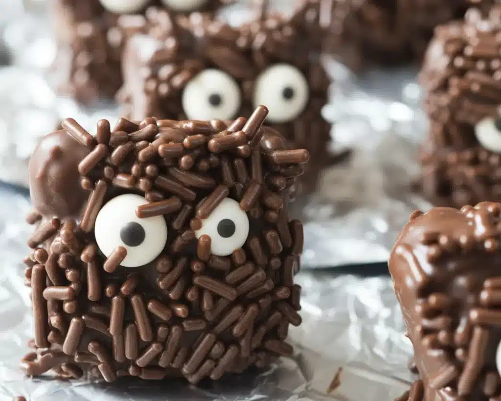 A plate of spooky Halloween dessert brownies decorated for a festive Halloween party.
