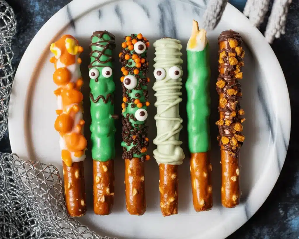 Colorful pretzel rod Halloween candy dipped in chocolate with spooky sprinkles.