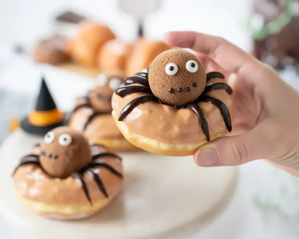 Deliciously decorated Halloween dessert donuts featuring spooky themes.