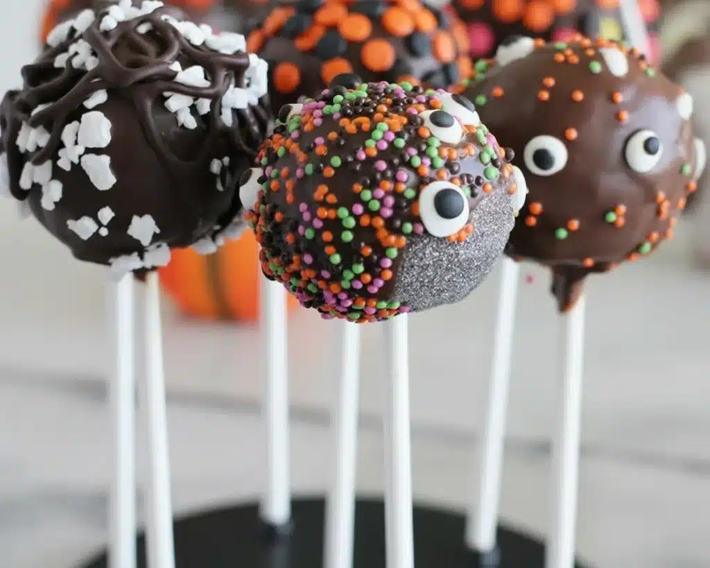 Spooky Halloween dessert pops decorated with ghosts, pumpkins, and monsters.