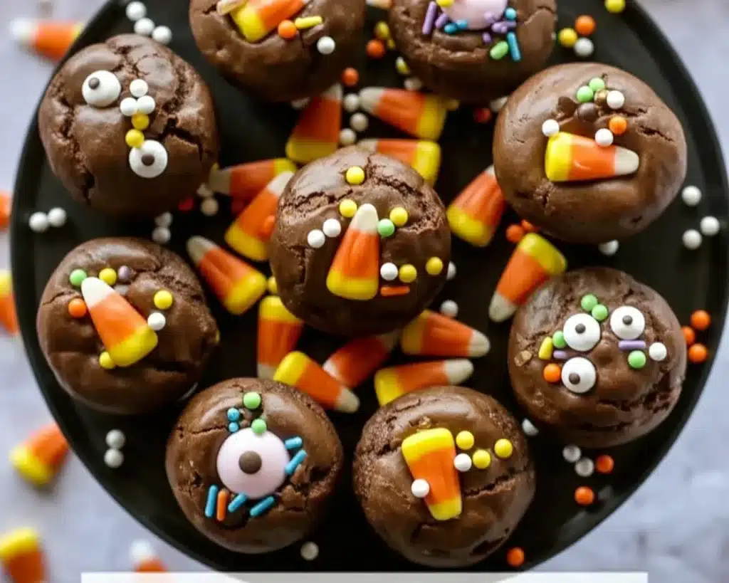 Delicious Halloween candy brownie bites topped with festive candies and sprinkles.