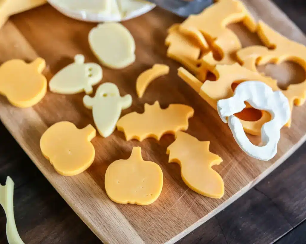 Decorative cheese board featuring cookie cutter cheeses in fun shapes.