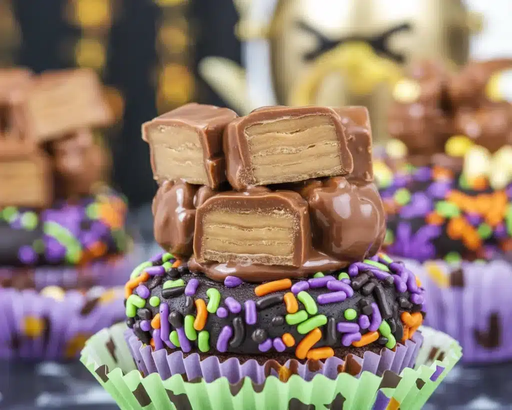 Halloween candy cupcakes topped with colorful candy and sprinkles.