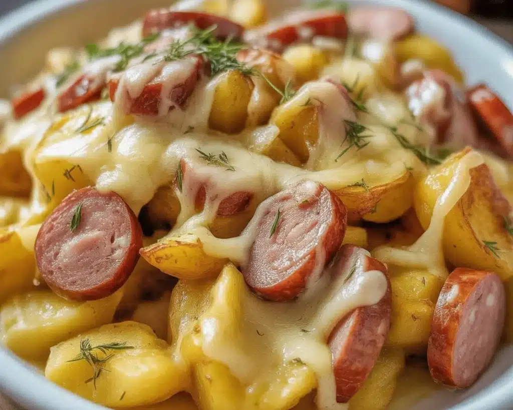 Delicious Cheesy Ranch Potatoes and Smoked Sausage casserole served on a plate.
