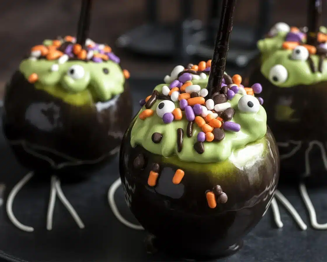Delicious homemade caramel apple Halloween candy with spooky designs.