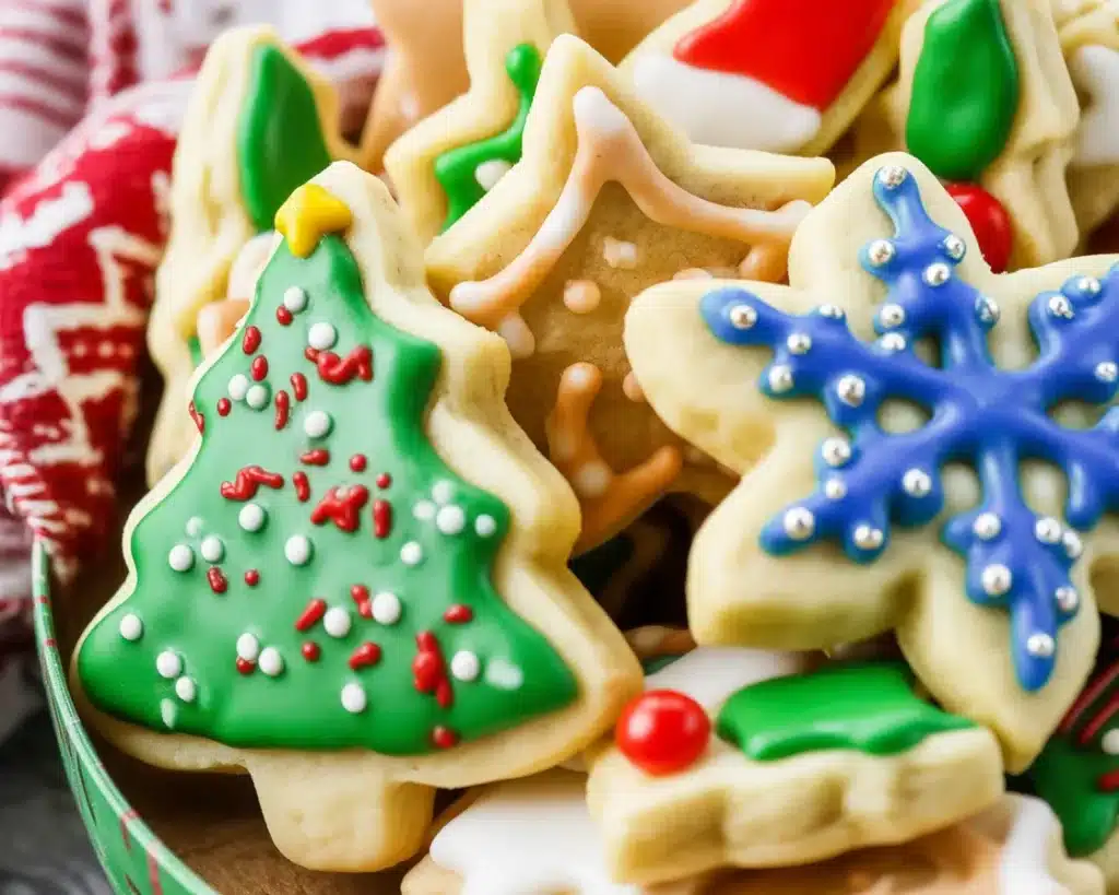 Classic Soft Christmas Cookies decorated with icing on a festive plate