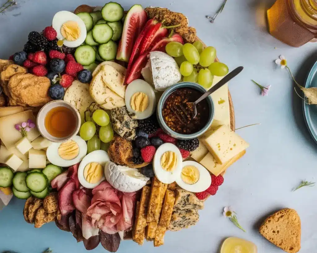 Beautiful breakfast charcuterie board with mini waffles, fruits, and cured meats.