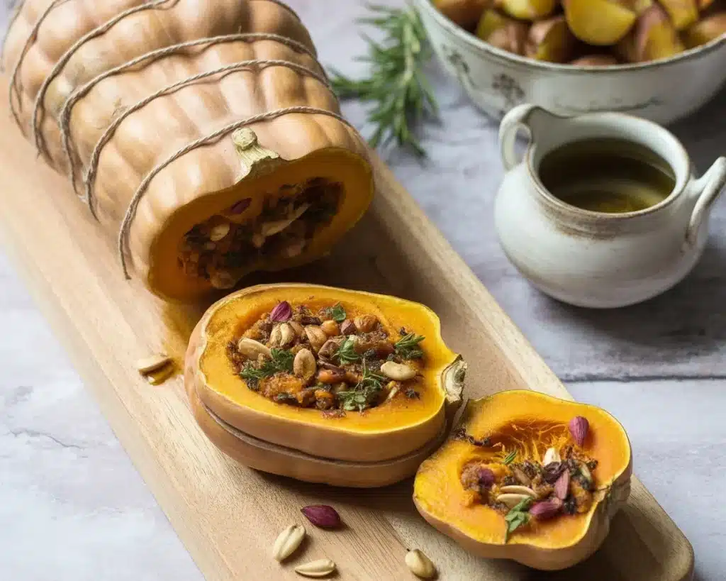 Festive Butternut Roast filled with cranberries and herbs for a Christmas feast.
