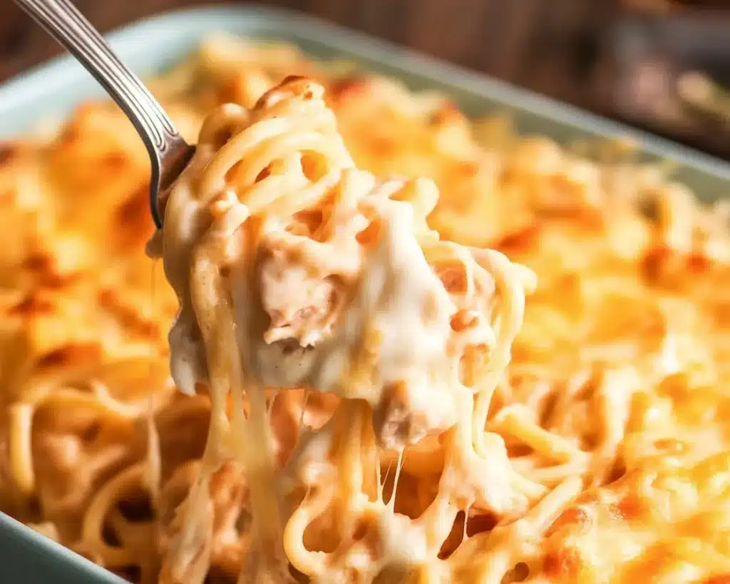 Southern Cheesy Chicken Spaghetti Casserole with cheese, chicken, and spaghetti noodles