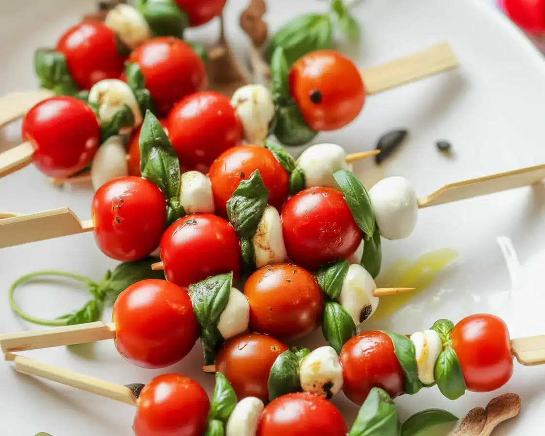 Delicious Caprese skewers with mozzarella, cherry tomatoes, and basil drizzled with balsamic glaze.