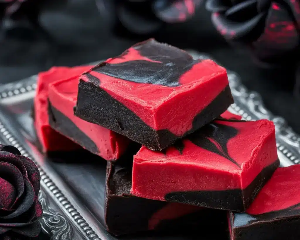 Delicious Vampire Fudge featuring dark and red chocolate swirls for Halloween