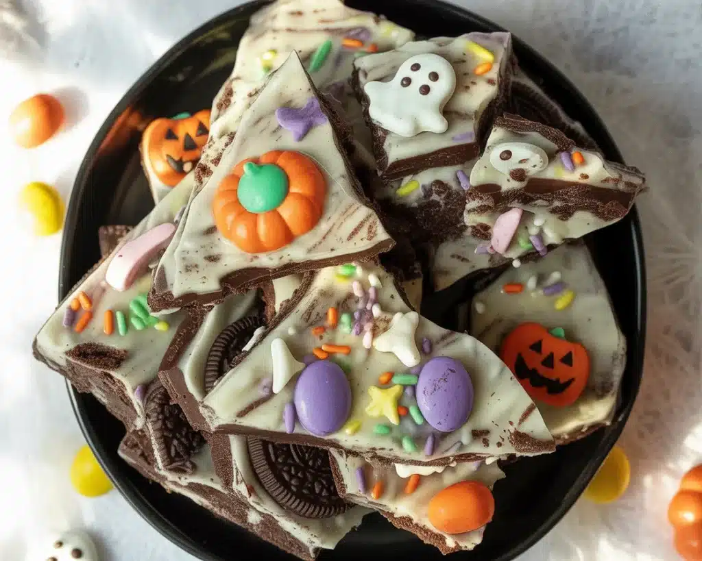 Spooky Halloween Oreo Bark with white chocolate and candy decorations