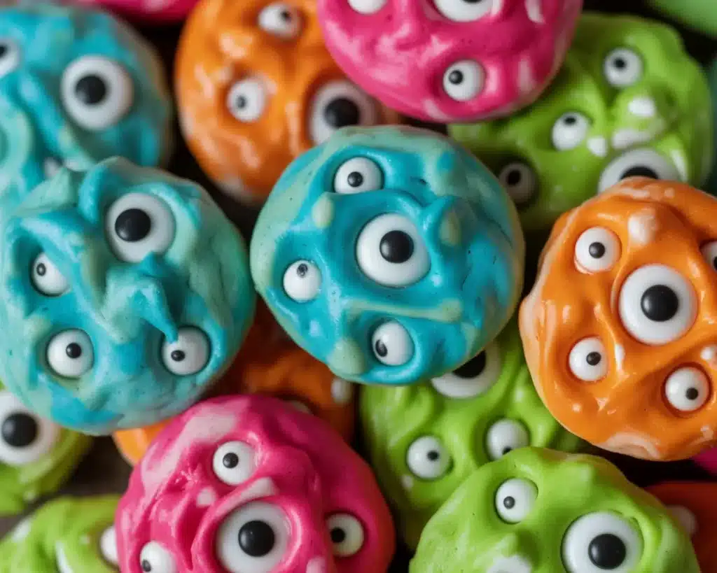 Image of gooey monster cookies with festive colors and candy eyes, soft and chewy.