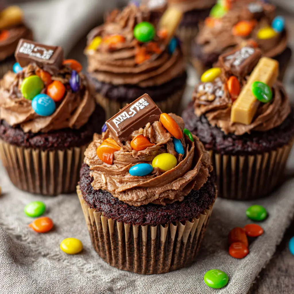 halloween candy cupcakes topped with chocolate bars and colorful candy