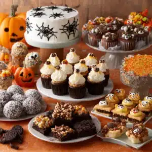 A vibrant Halloween dessert table featuring a white cake decorated with black spiderwebs, ghost and monster cupcakes with candy eyes, chocolate cupcakes topped with festive sprinkles, candy apples with colorful coatings, bowls of Halloween-themed sprinkles, assorted brownies and bars with candy corn, Oreo cookies, and pumpkin decorations—all arranged on orange autumn-patterned tablecloths for a playful, festive party vibe.