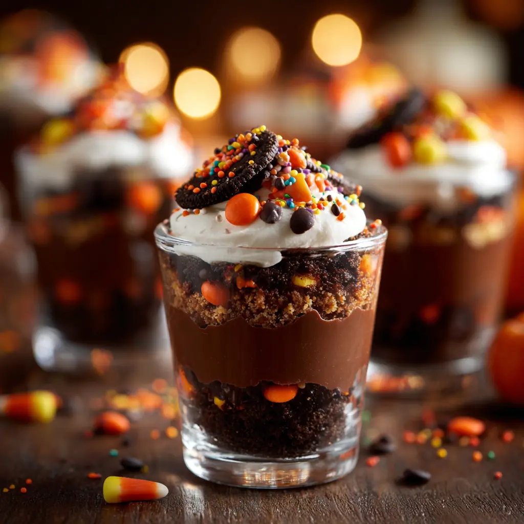 halloween shot glass desserts layered with pudding crumble and cream