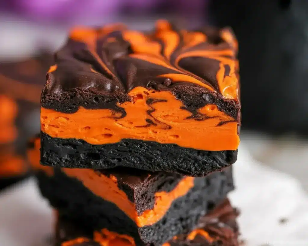 Delicious Halloween Swirl Cream Cheese Brownies with a vibrant orange cheesecake layer.