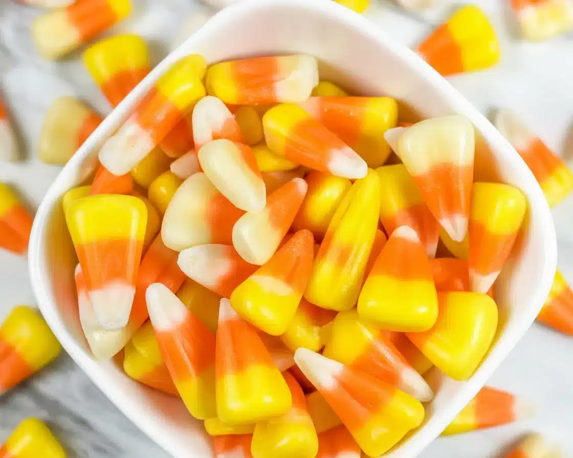 Delicious homemade Halloween candy corn in tri-colored layers.