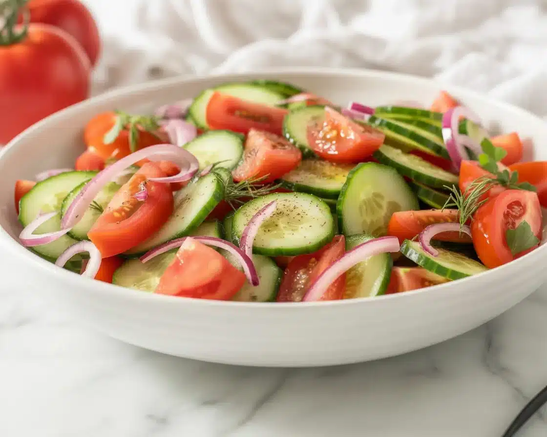 Cucumber Tomato Salad with crisp cucumbers, juicy tomatoes, and a tangy vinaigrette dressing.