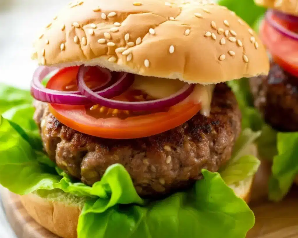 Delicious classic juicy hamburgers made with 80/20 ground beef and toppings.