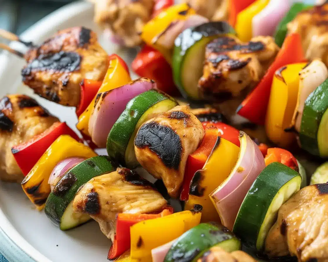 Juicy grilled chicken skewers marinated with garlic and Mediterranean spices on the grill.