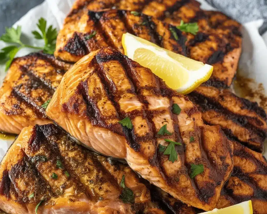 Delicious grilled salmon with a savory soy sauce and garlic marinade