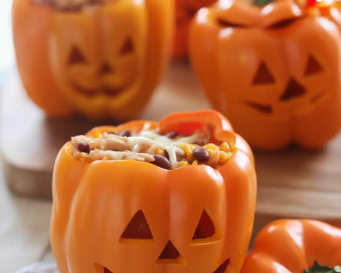 Shredded chicken and rice stuffed peppers with melted cheese