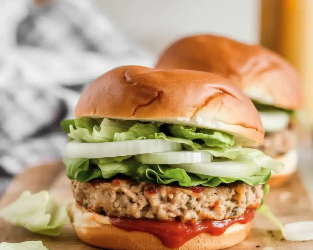 Juicy and flavorful Turkey Burgers on a grill with fresh toppings