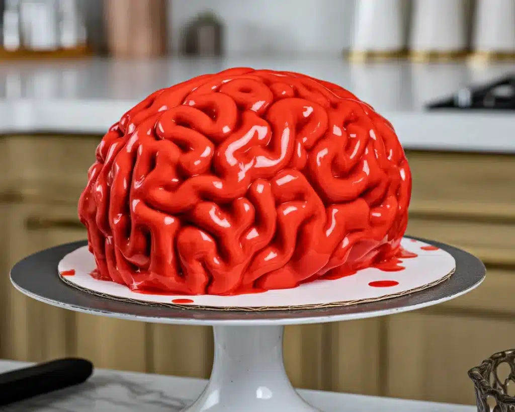 Spooky Brain Cake with red velvet layers and pink cream cheese frosting